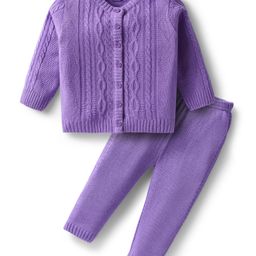 Babyhug Knit Full Sleeves Front Open Sweater Set With Cable Knit Design - Lavender-image-57