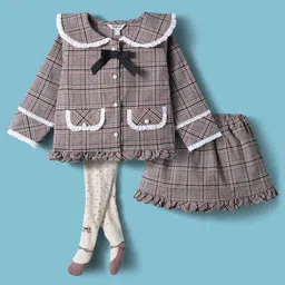 ToffyHouse 100% Cotton Woven Full Sleeves Checkered Peter Pan Collared Top with Skirt Leggings & Bow Applique - Light Grey & Cream-picture-39