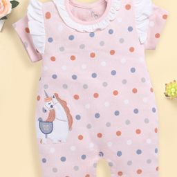 BABY GO Cotton Half Sleeves Polka Dots Printed Unicorn Patch Embroidered Romper - Pink-picture-40