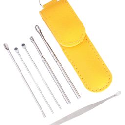 6-in-1 Ear Cleaning Kit | Reusable Stainless Steel Ear Wax Remover Tools with Case | Ear Curette & Spring Ear Buds Cleaner Set - Yellow-35
