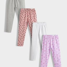 Orange Sugar Cotton Lycra Knit Pack Of 4 Solid & Hearts Printed Stretchable Leggings - Multi Colour-picture-5