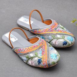 Little Palz Floral Embroidered & Sequins Embellished Mojaris - Grey-image-20