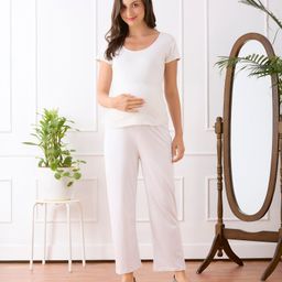 Bella Mama Cotton Lycra Knit Full Length Solid Maternity High Coverage Pant - White-image-8