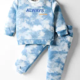 ToffyHouse Fleece Knit Full Sleeves T-Shirt & Lounge Pant Co-Ord Set with Tie Dye Print - Stone Blue-picture-0