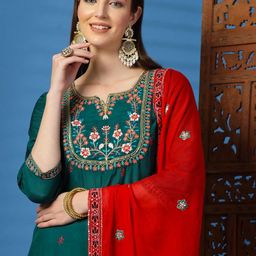 Sangria Floral Embroidered Sequinned Straight Kurta with Trouser & Dupatta-11