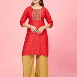 Aarika Kids Red & Beige Cotton Embroidered Kurti Set-image-58