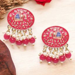 OOMPH Rani Pink and Blue Meenakari Elephant Design Drop Earrings-image-22