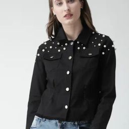 KASSUALLY Black Cotton Embellished Denim Jacket-43