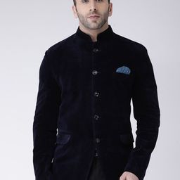 Hangup Men Navy Blue Solid Bandhgala Blazer-image-95
