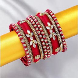 Peora Golden Red Kundan Bangles Set for Women-image-99