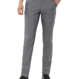 Van Heusen Grey Cotton Slim Fit Checks Flat Front Trousers-image-58