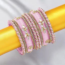 Peora Golden Pink Kundan Bangles Set for Women-image-98