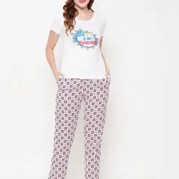 Clovia White & Pink Graphic Print T-Shirt with Pyjamas-picture-16