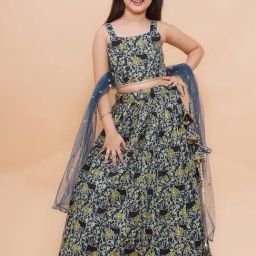 Piccolo Kids Blue Printed Flared Lehenga, Blouse & Dupatta-image-88