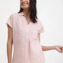 Pink Fort Vertical Striped Pure Cotton Shirt Style Top-image-10