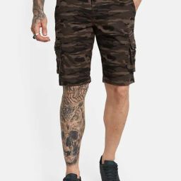 Octave Olive Cotton Regular Fit Camouflage Cargo Shorts-image-33