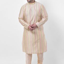 DEYANN PLUS Men Cream-Coloured Striped Kurta with Churidar-image-40