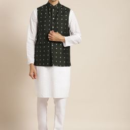 SOJANYA Men White Chikankari Pure Cotton Kurta with Churidar & Nehru Jacket-image-44