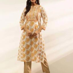Fabindia Off White & Yellow Cotton Regular Fit Floral Print Kurtas-picture-17