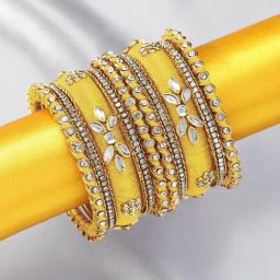 Peora Golden Yellow Kundan Bangles Set for Women-image-100
