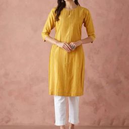 Fabindia Mustard Cotton Silk Regular Fit Self Kurta-1