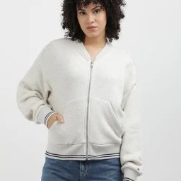 TOMMY HILFIGER White Cotton Textured Bomber Jacket-picture-41