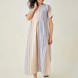 The Kaftan Company Blue & Peach Cotton Striped Night Dress-image-5