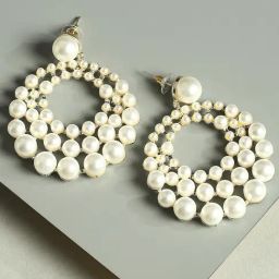 OOMPH White Pearls Large Circular Fashion Dangler Earrings-22