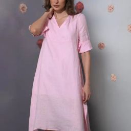 RAREISM Pink Linen Solid Short Sleeves Dress-image-50