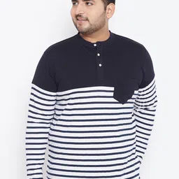 bigbanana Plus Size Men White  Black Striped Henley Neck T-shirt-image-23