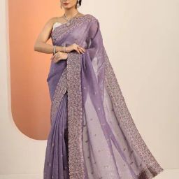 Libas Lavender Embroidered Saree With Unstitched Blouse-picture-3