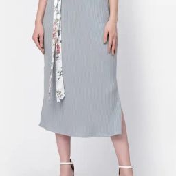 Lela Grey Striped A-Line Skirt With Belt-picture-3