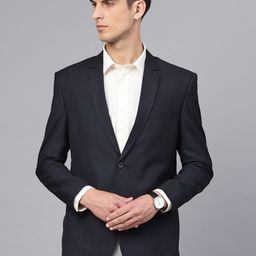 MANQ Men Navy Blue Slim Fit Solid Single Breasted Formal Blazer-image-71