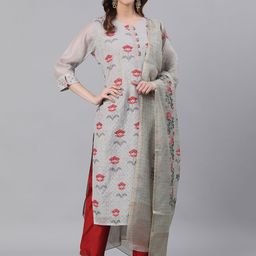 Jaipur Kurti Women Grey & Red Printed Kurta with Trousers & Dupatta-picture-47