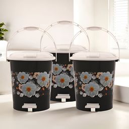 Kuber Industries Black & Grey 3 Pieces Floral Pedal Dustbins With Lid & Handle 10L Each-25