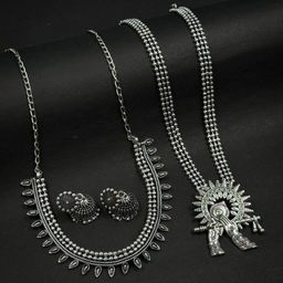 NAMAN ARTS Silver-Plated Oxidised Necklace Jewellery Set-image-70