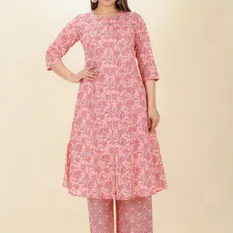 Aramya Round Neck Floral Printed Pure Cotton A-Line Kurta with Palazzos-1
