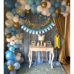 Bubble Trouble 1st Happy birthday Decoration items for Boys with Net Fabric Backdrop - Pack of 89 Items-image-40