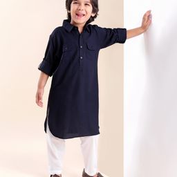 Babyhug Rayon Full Sleeves Pathani Kurta & Pyjama Set Solid Color - Navy Blue-picture-27