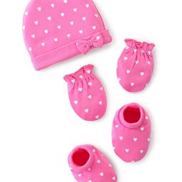 Babyhug 100% Cotton Cap Mittens And Booties Heart Printed - Pink-image-87