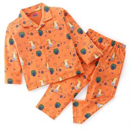 Babyhug Cotton Knit Full Sleeves Night Suit Crocodile & Car Print- Orange-image-98