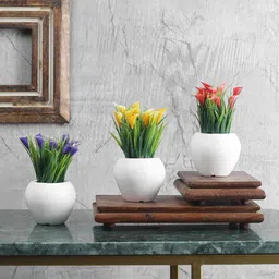 Foliyaj Artificial Mini Plant with Thin Long Leaves, Yellow, Red and Dark Purple Cynthia Flowers - Pack of 3-picture-3