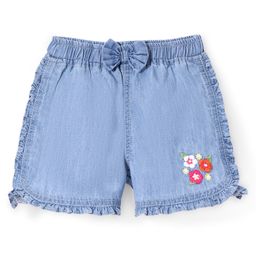 Babyhug Cotton Mid Thigh Denim Washed Shorts with Floral Embroidered & Bow Detailing - Blue-picture-15