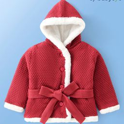 Babyoye Knited   Solid Full Sleeves Hooded Front Open Sweater Solid Colour-Red-image-60