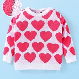 Babyhug Knitted Full Sleeves Pullover Sweater with Hearts & Sequin Design - White & Pink-image-26