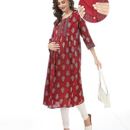 Bella Mama Woven Three Fourth Sleeves Printed Maternity Kurta with Side Pocket- Red-image-76