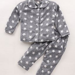 Kanvin Supersoft Extra Warm Velour Full Sleeves Winter Night Suit With Stars Print - Grey-image-10
