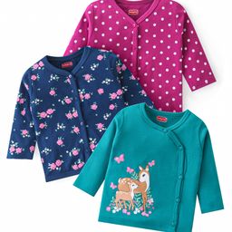 Babyhug 100% Cotton Antibacterial Front Open Vest With Deer & Polka Dots Print Pack of 3 - Pink Blue & Green-image-105