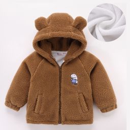 Kookie Kids Full Raglan Sleeves Front Open Hooded Fur Winter Jacket with Ears Applique & Dino Patch Detailing - Brown-image-60