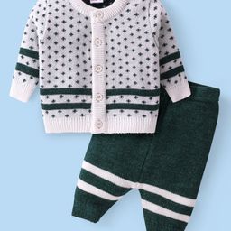 Babyhug Knitted Full Sleeves Front Open Sweater Set With Polka Dot Design - Green & White-image-32